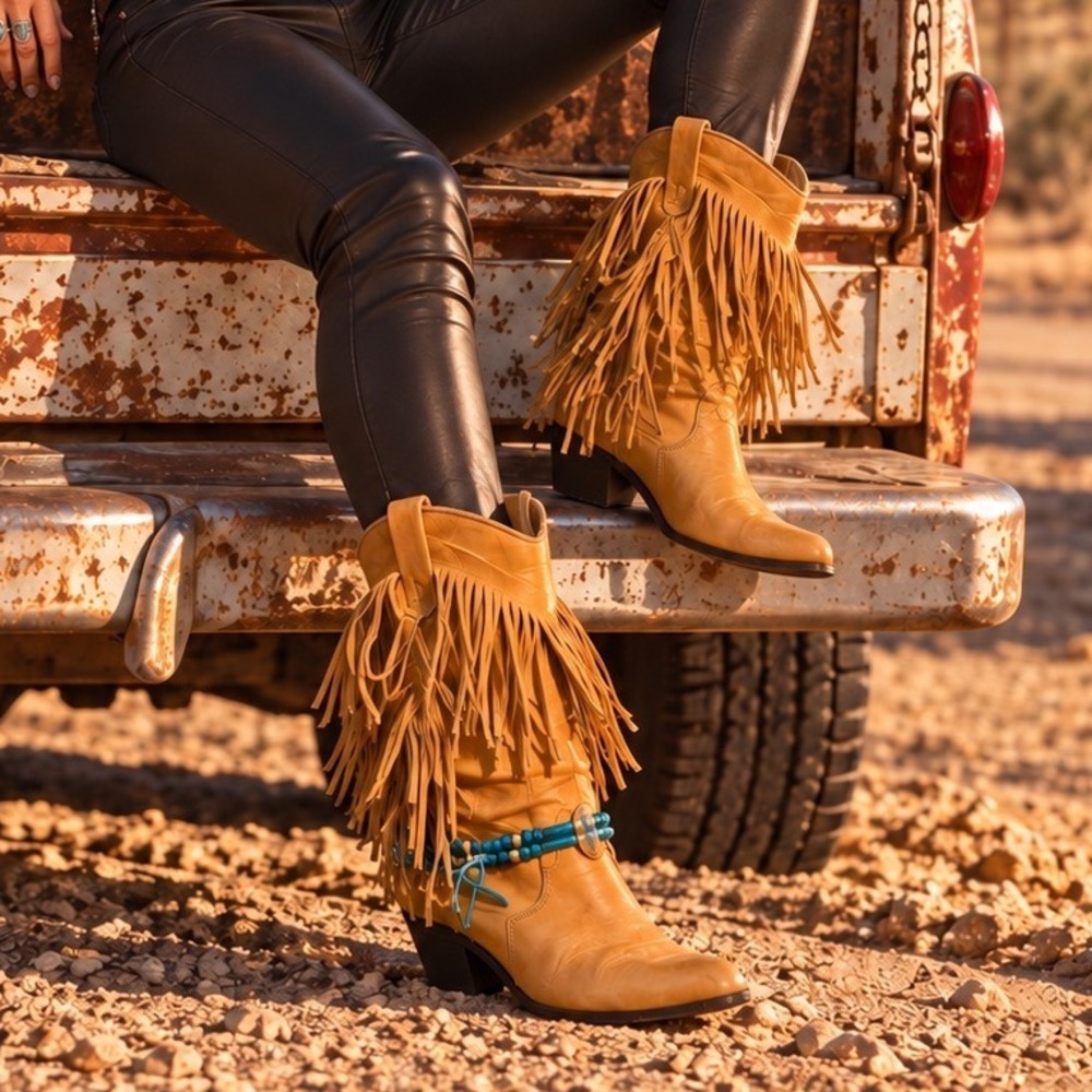 Dingo Fringe Western Boots Womens Size 8.5 Tan Leather Bead Concho Boho Cowgirl